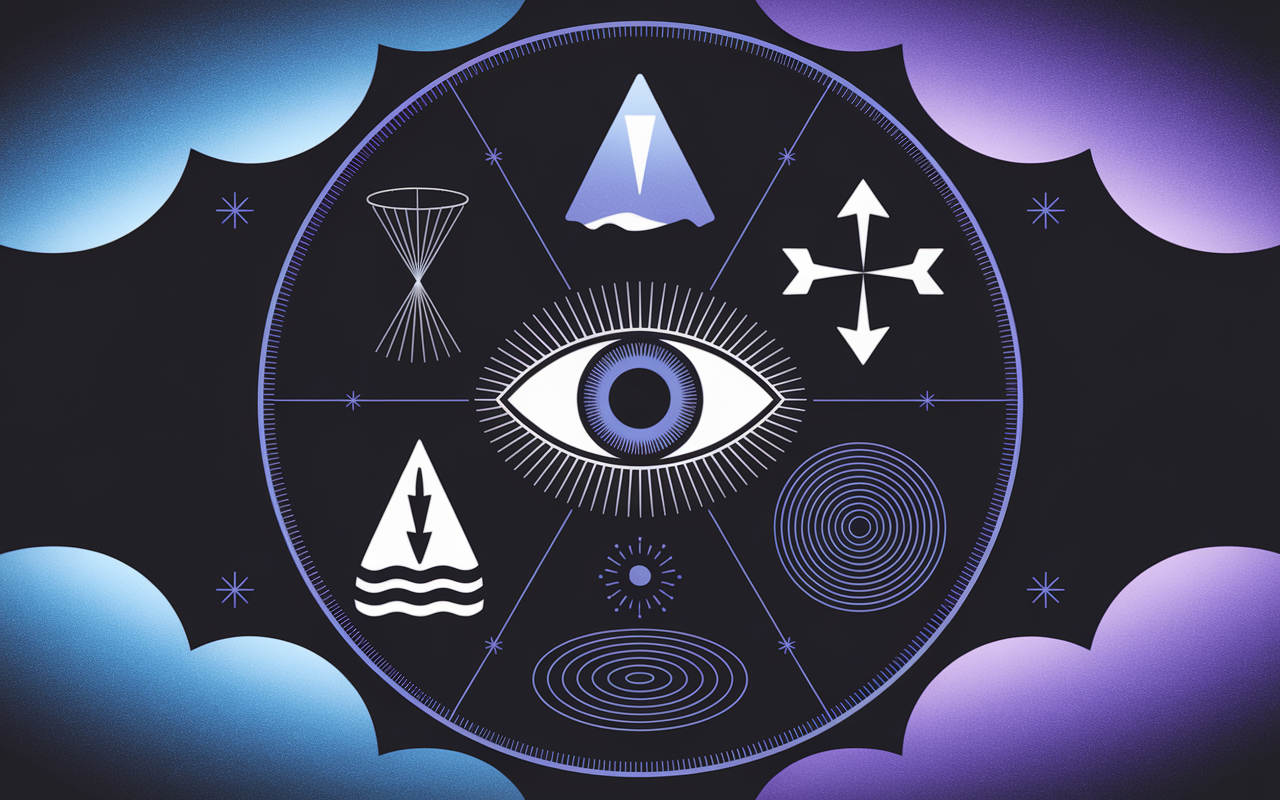 Cercle de symboles oniriques autour d'un œil mystique
