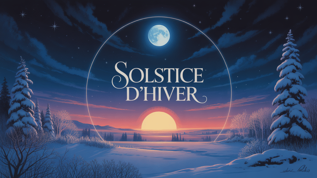 Solstice d'hiver avec ciel étoilé et soleil doré